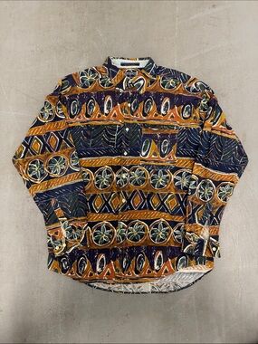 Vintage 90s Patterned Long-Sleeve Casual Button-Down Shirt - Navy & Mustard